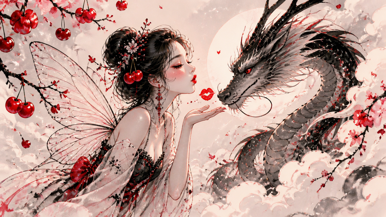 [Winged fairy woman blows a kiss to a majestic oriental dragon, surrounded by cherry blossoms, red cherries, and soft clou...