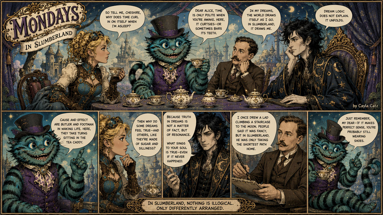 [Illustrated fantasy comic page "Mondays in Slumberland" depicting a whimsical steampunk tea party with Alice, Cheshire Ca...