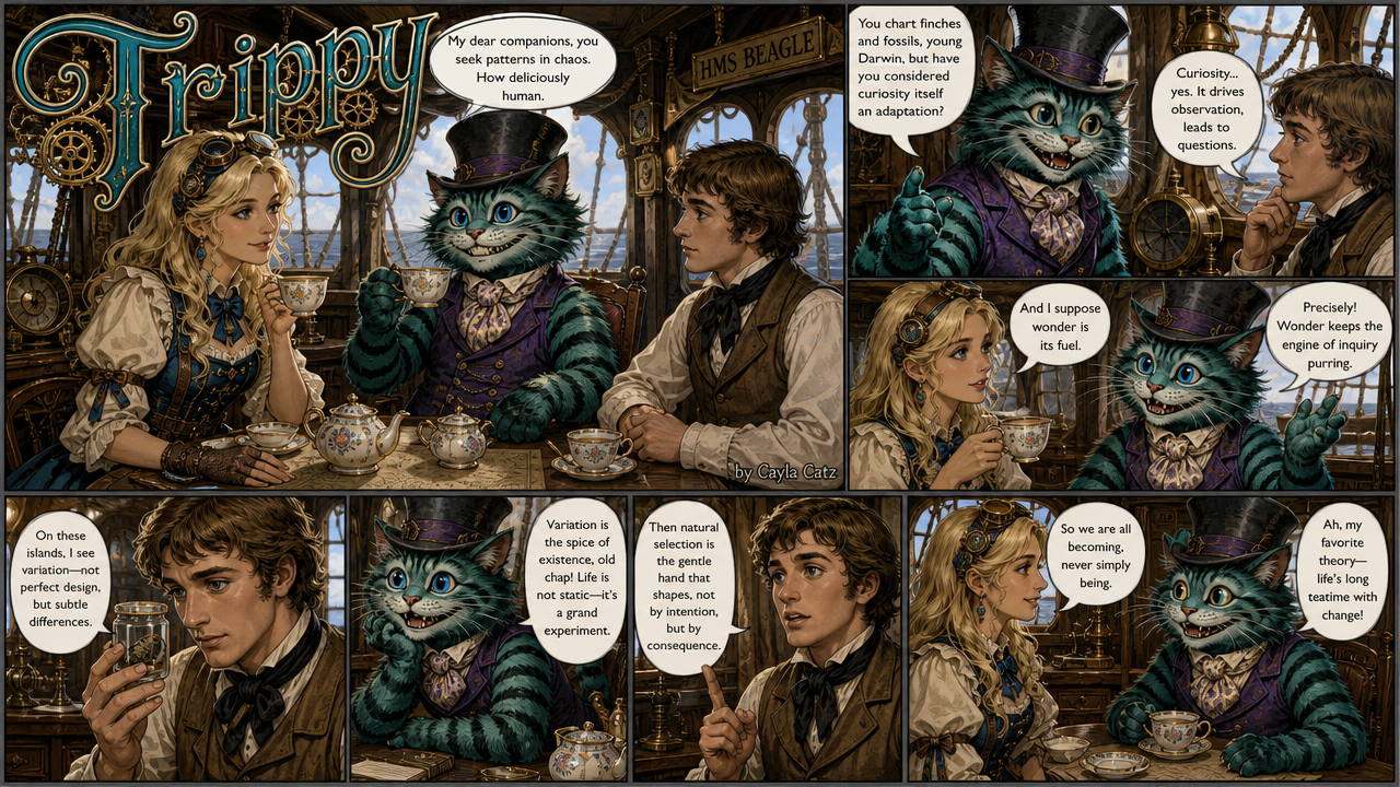 Multi-panel steampunk comic of Cheshire Cat, Charles Darwin, and a steampunk woman having tea aboard the HMS Beagle ship c...