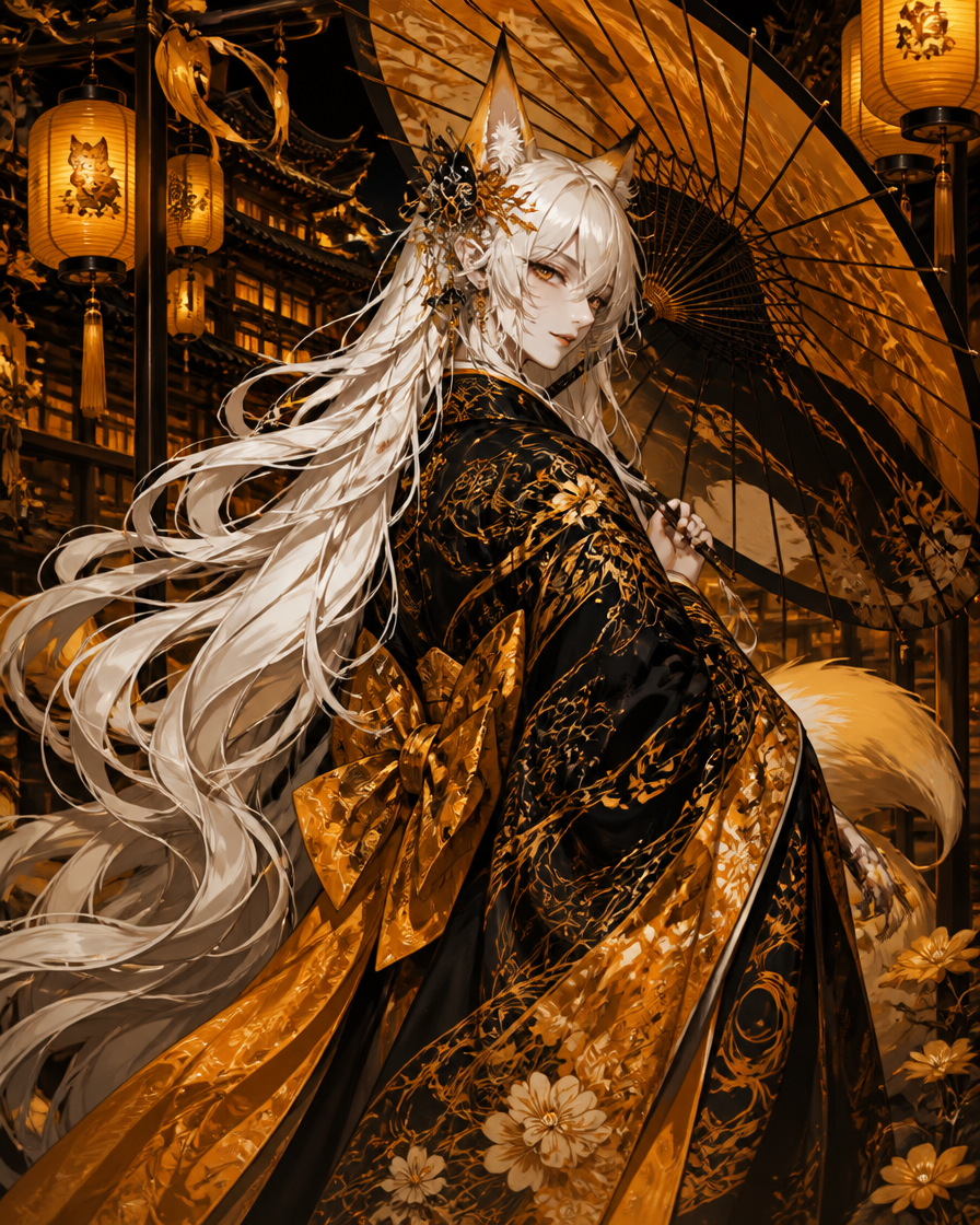 [Regal white-haired kitsune anime character in a gold embroidered black kimono holds a wagasa umbrella beside glowing East...