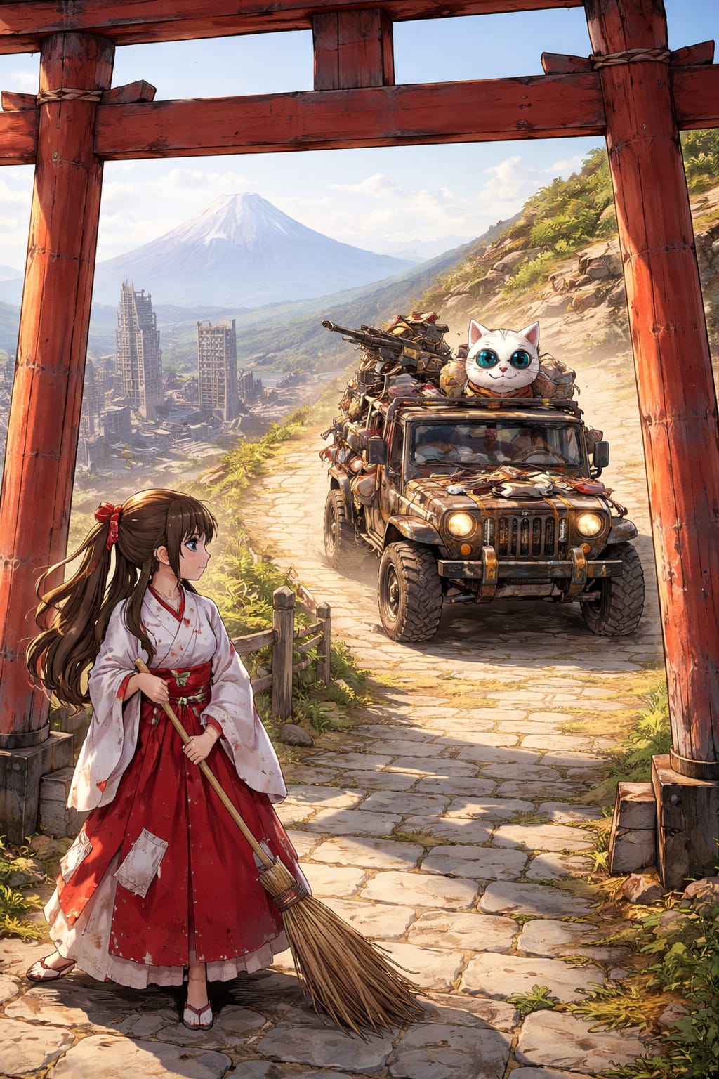 Anime shrine maiden under red torii gate watches a loaded offroad jeep with a large cat passenger, Mount Fuji in the dista...