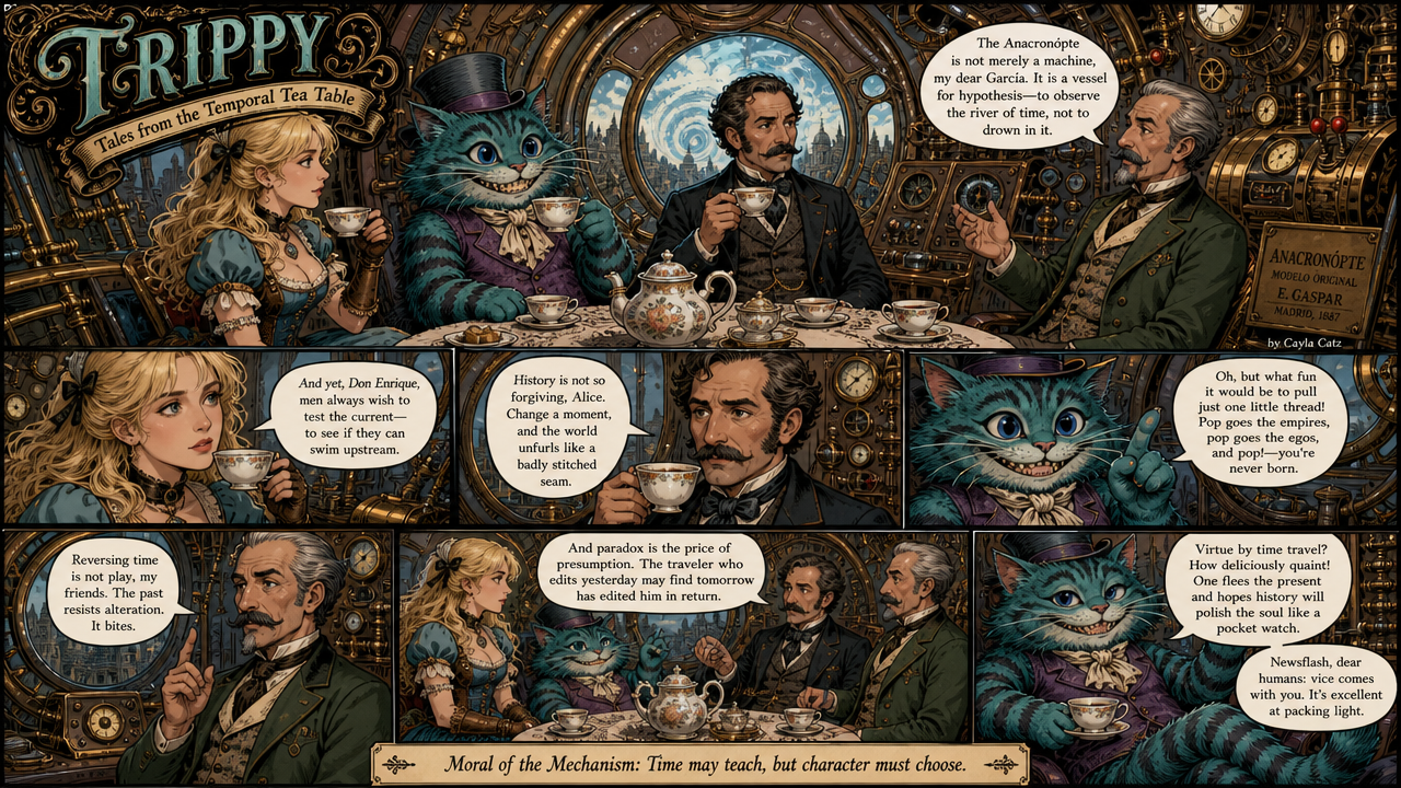 Steampunk comic page of Victorian characters and a top-hatted Cheshire cat debating time travel over tea inside a clockwor...