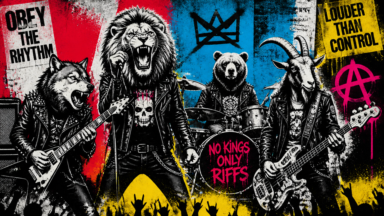 Anthropomorphic punk rock animal band performing: wolf guitarist, lion singer, bear drummer, goat bassist on concert stage.