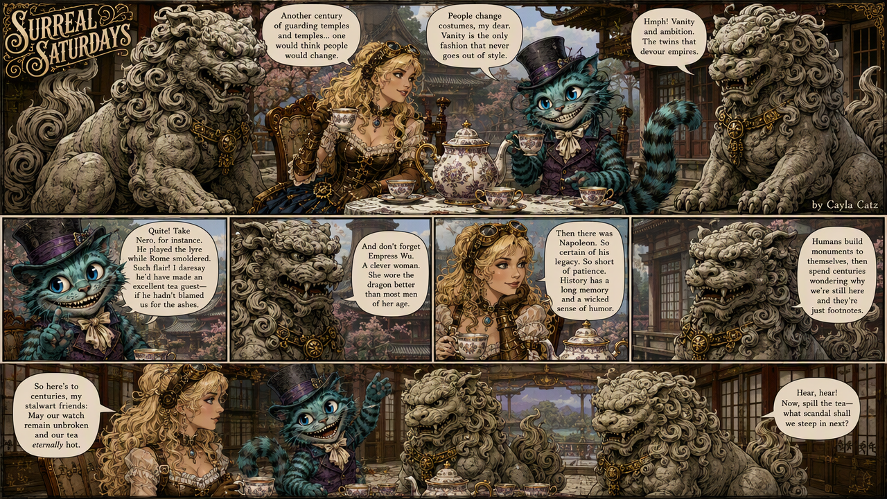 [Steampunk fantasy webcomic of a Cheshire cat, steampunk lady, and guardian foo lions sharing tea while discussing human h...