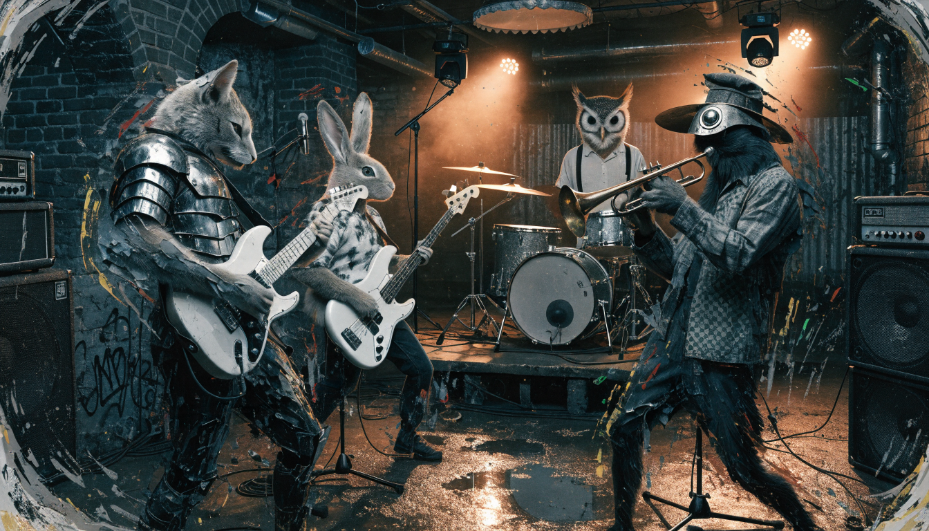 Surreal anthropomorphic animal band performs live on a gritty underground stage with warm hazy stage lighting.