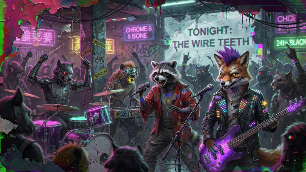 Cyberpunk anthropomorphic animal punk band performing live on stage at a neon underground concert venue