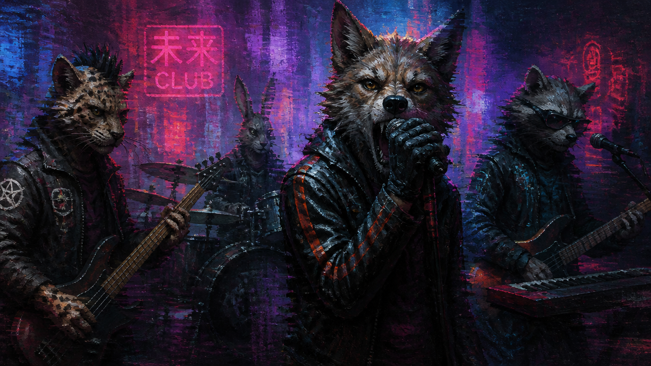 Anthropomorphic animal punk rock band performs on a neon cyberpunk club stage, with wolf lead singer front and center.