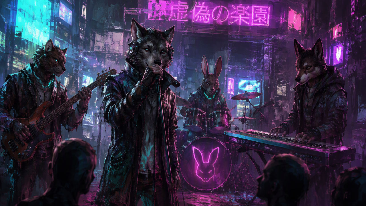 Anthropomorphic cyberpunk animal band performing live on a neon lit dystopian rainy street stage