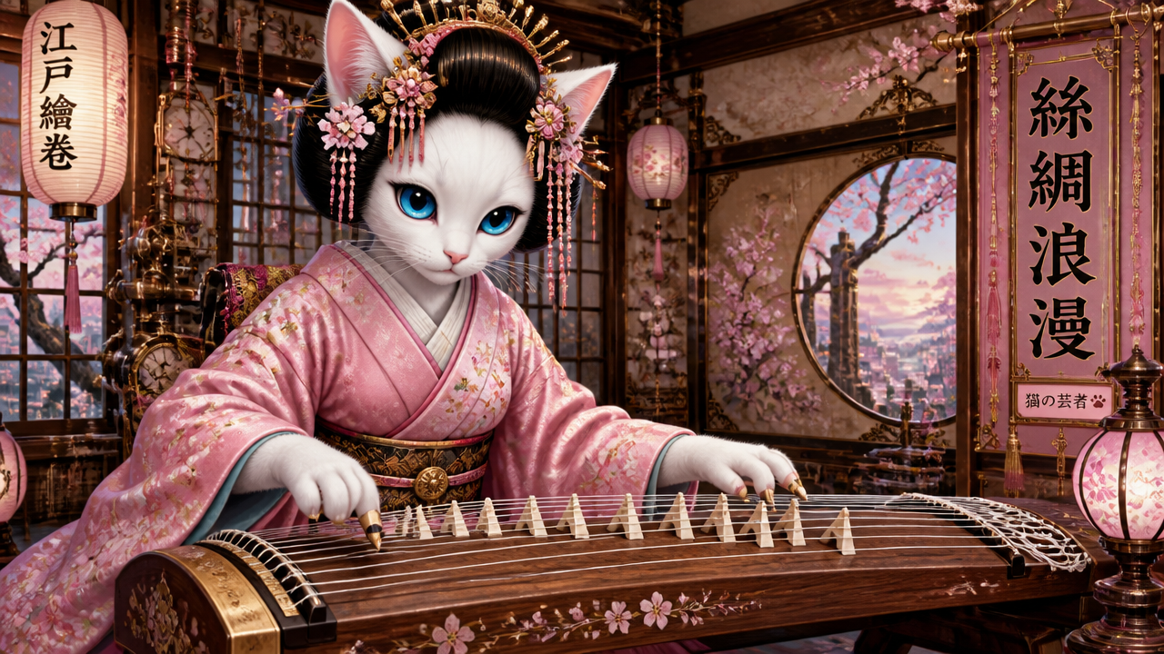 Anthropomorphic white cat geisha in a pink kimono plays a koto inside an ornate traditional Japanese room with cherry blos...