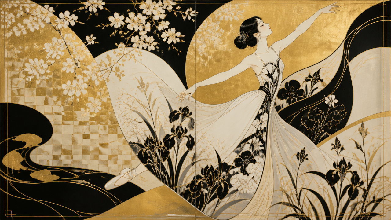 Elegant Art Nouveau illustration of a dancing ballerina, accented with gilded gold, black, and floral cherry blossom and i...