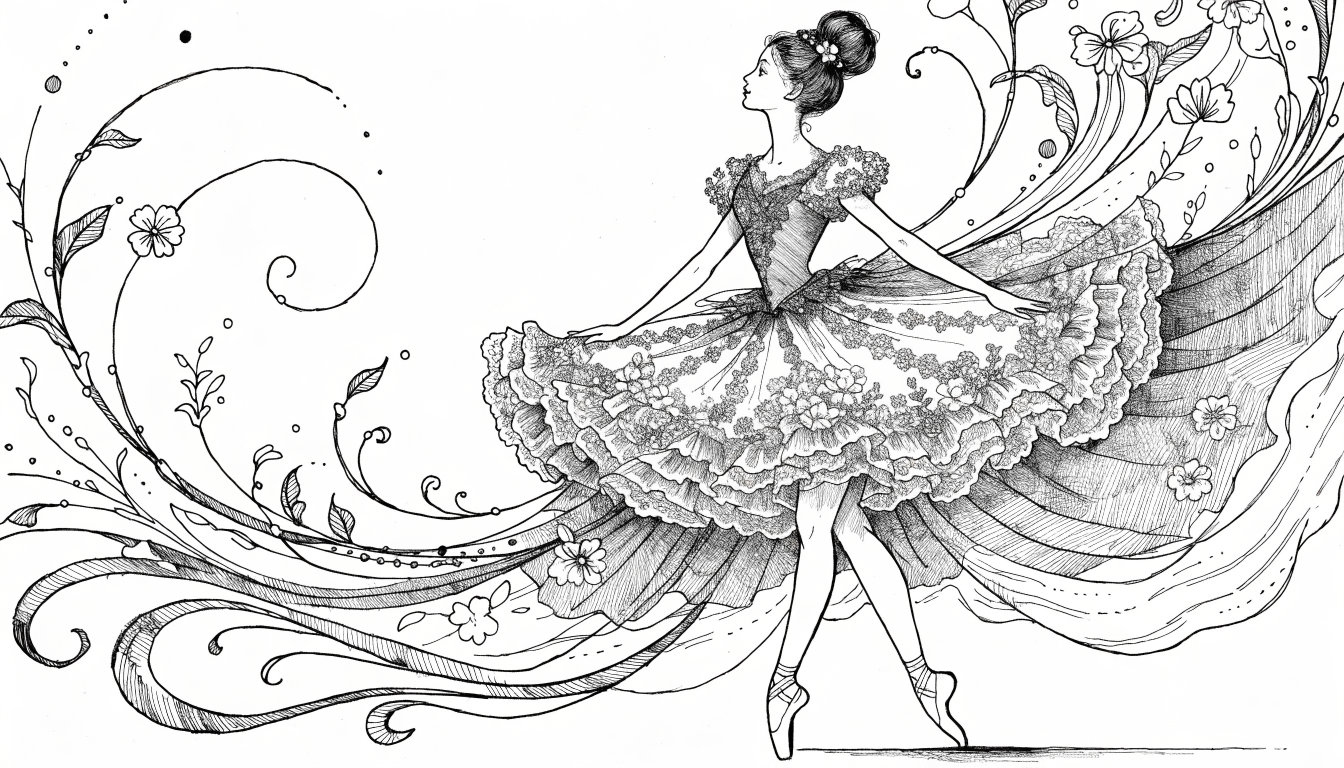 [Intricate pen and ink line art of a ballerina en pointe, surrounded by swirling floral scrollwork flowing from her ruffle...