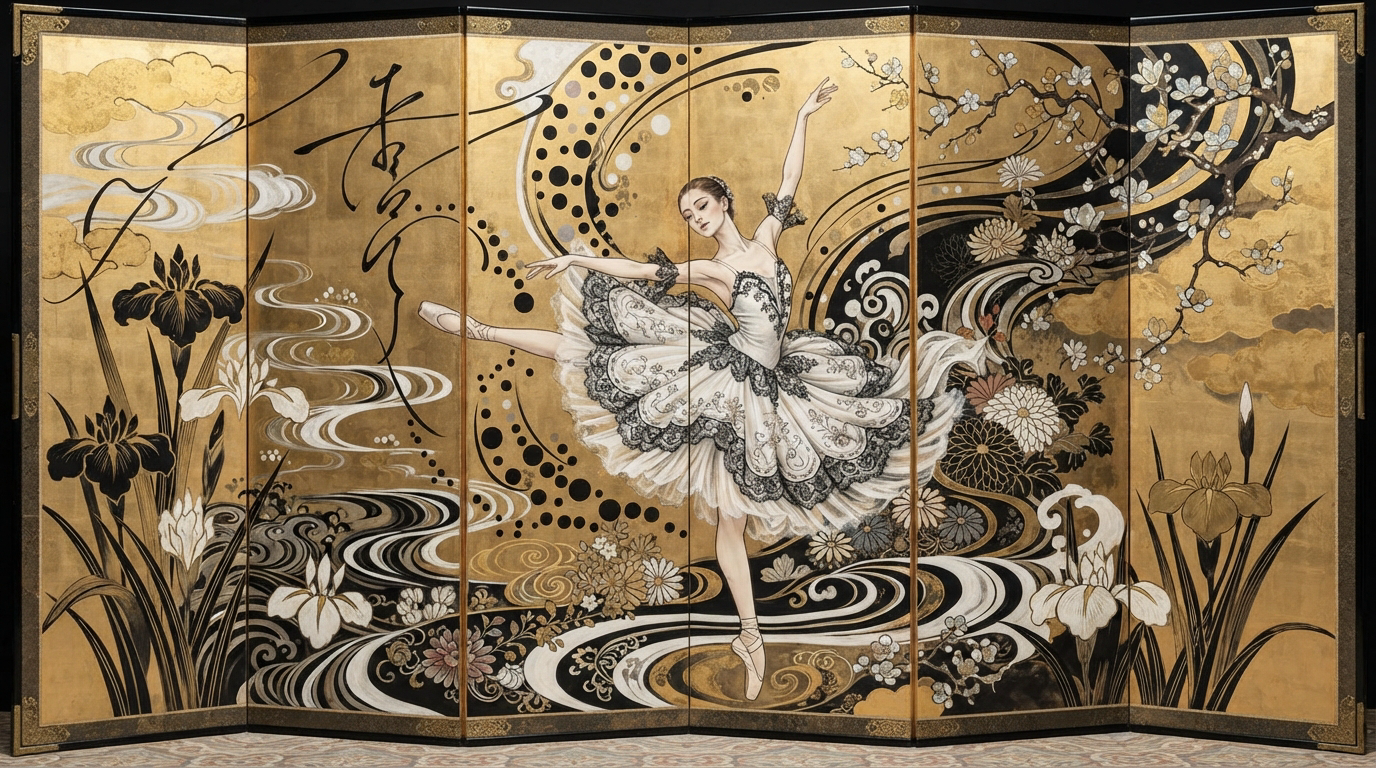 Ornate gilded 6-panel Japanese folding byobu screen depicting a posed ballerina surrounded by traditional floral, wave, an...
