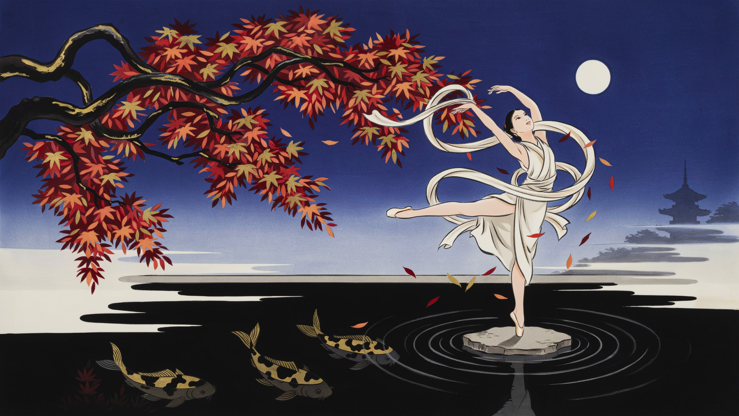 Ukiyo-e style illustration of a ballerina dancing en pointe on a koi pond beneath an autumn maple tree under a full moon.