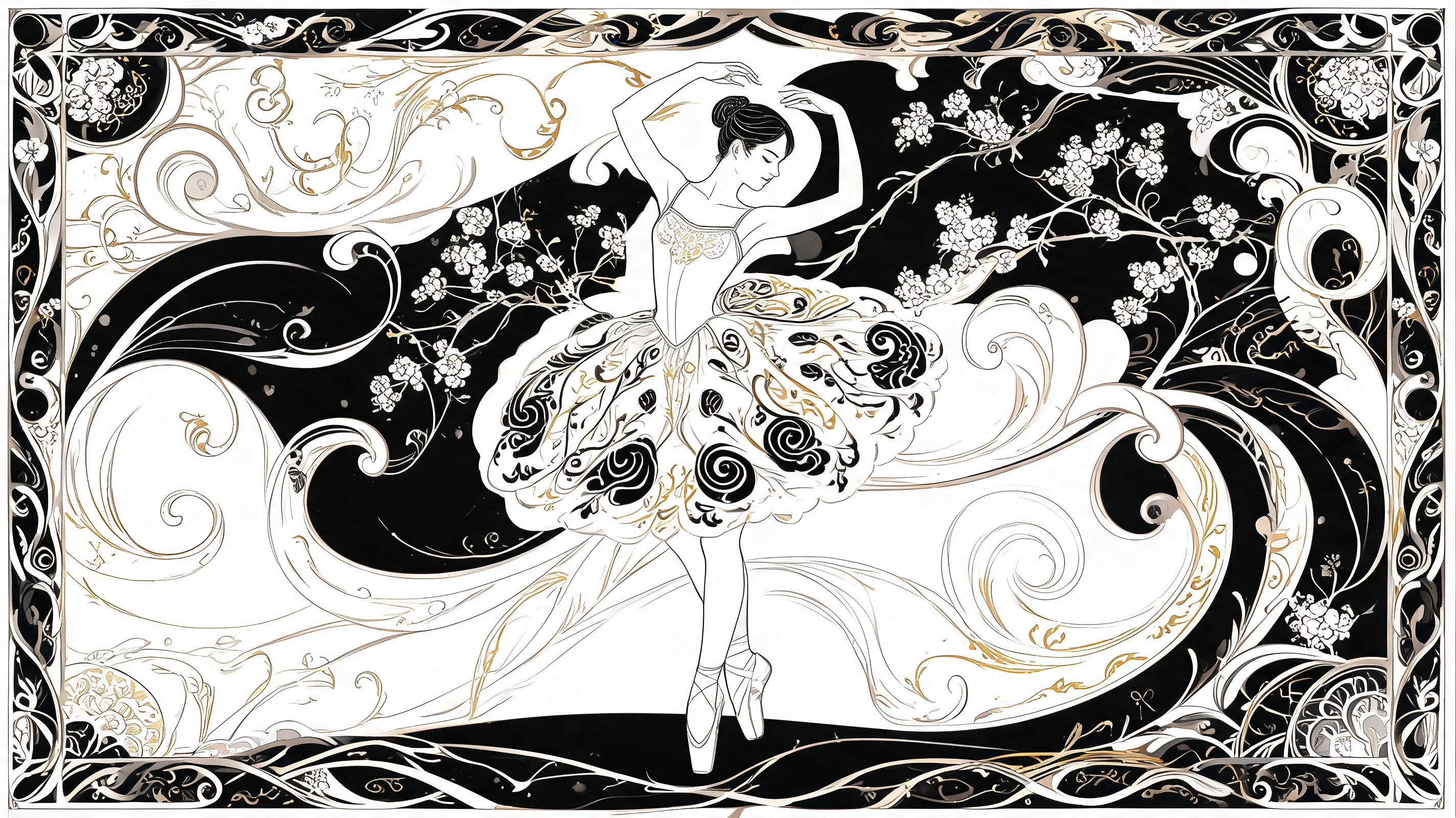 [Art Nouveau illustration of a graceful ballerina en pointe, framed by ornate swirling filigree, cherry blossoms, in black...