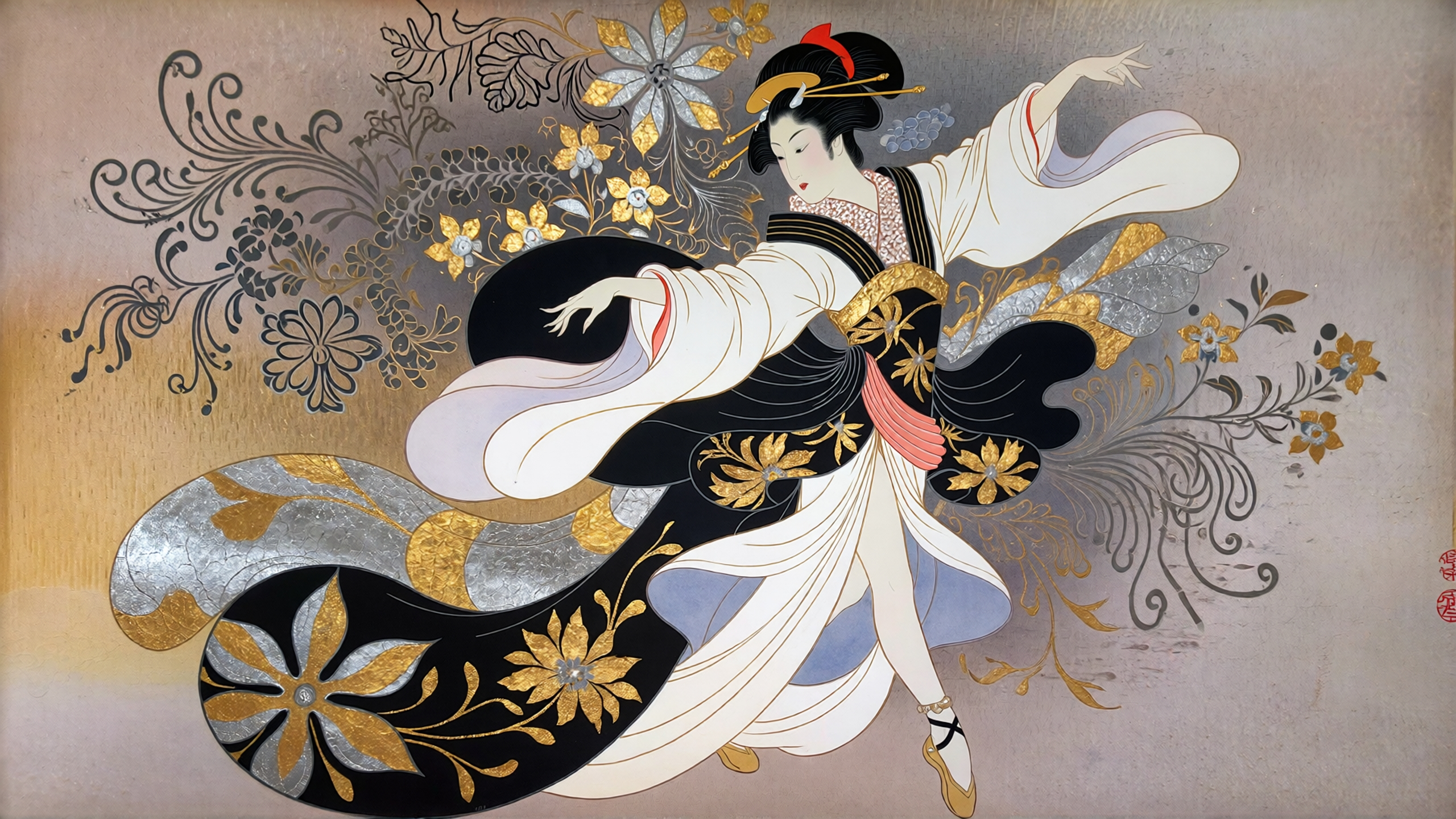 [Traditional Japanese ukiyo-e illustration of a dancing geisha in an ornate gold-embellished kimono surrounded by delicate...