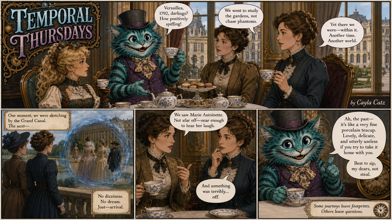 Temporal Thursdays fantasy comic page: Cheshire cat and Victorian women discuss time travel to 1792 Versailles over aftern...