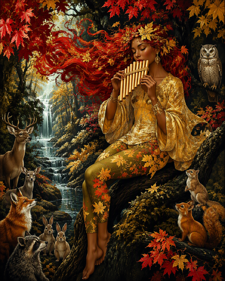 [Fantasy autumn forest spirit plays pan flute, surrounded by woodland animals in a vibrant fall forest with cascading wate...