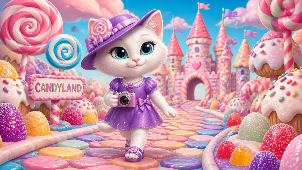 Cute anthropomorphic white cat in a purple outfit holds a camera, exploring a whimsical pastel Candyland with lollipops an...
