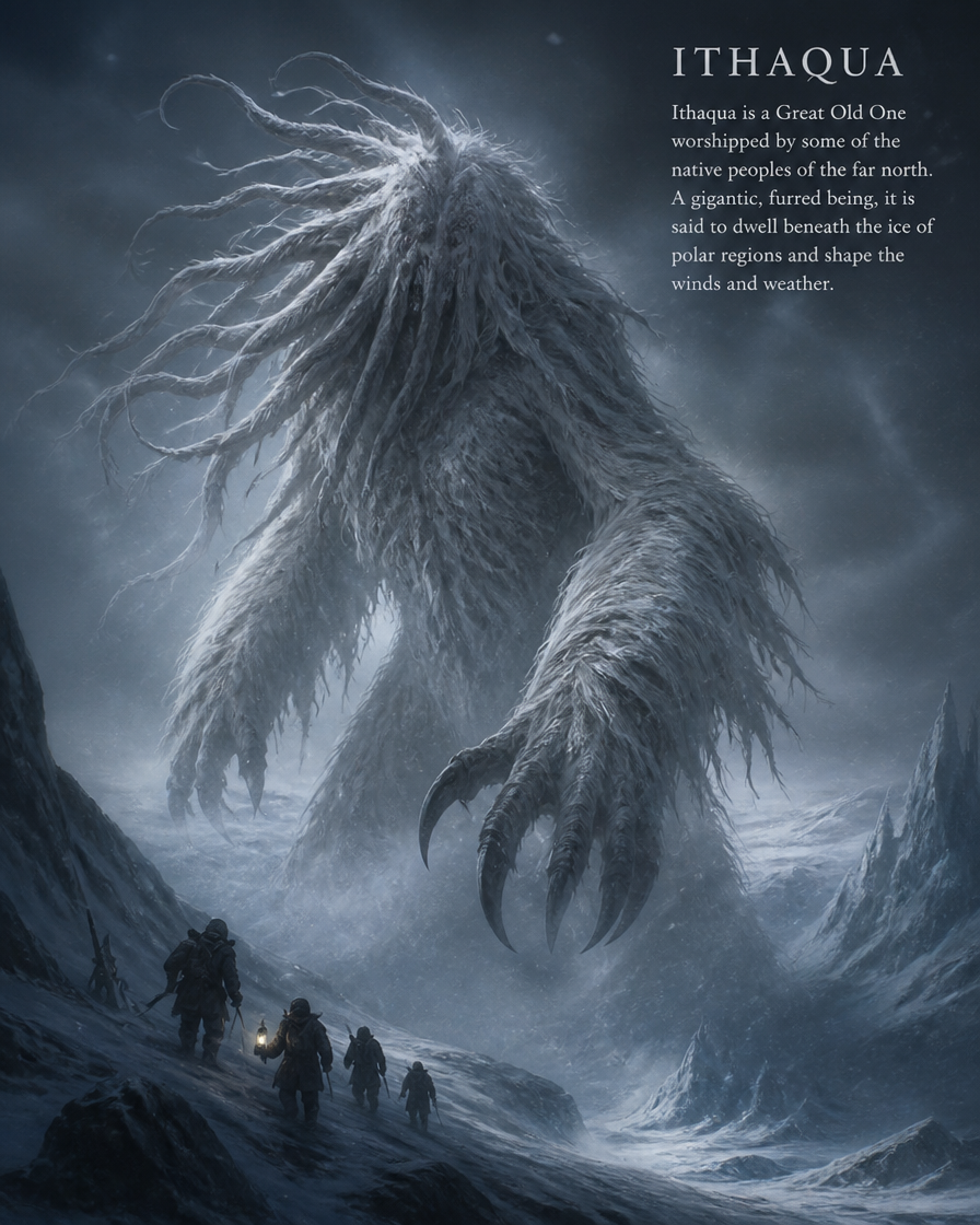 [Giant shaggy Lovecraftian entity Ithaqua looms over tiny arctic explorers trekking through a stormy frozen mountain valle...