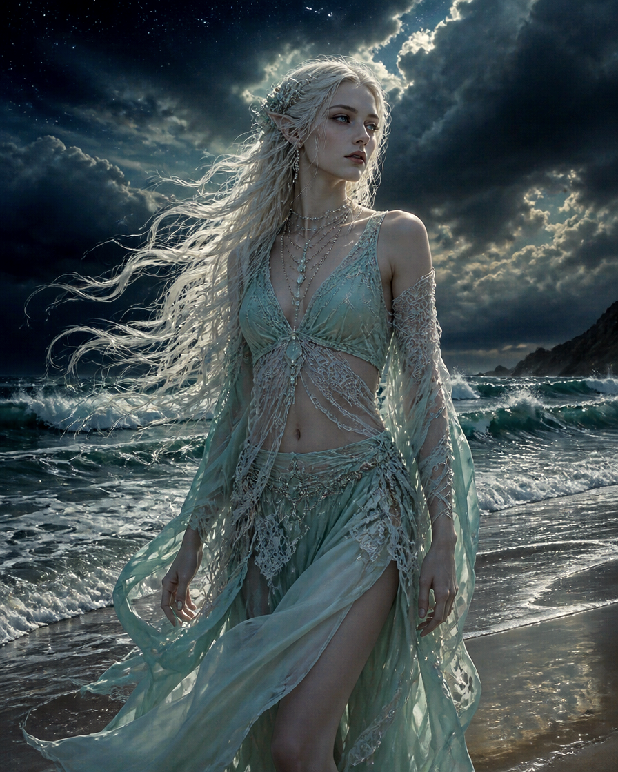 [Graceful platinum-haired elven woman in sheer seafoam gown stands on a windswept stormy beach under a starry cloudy night...