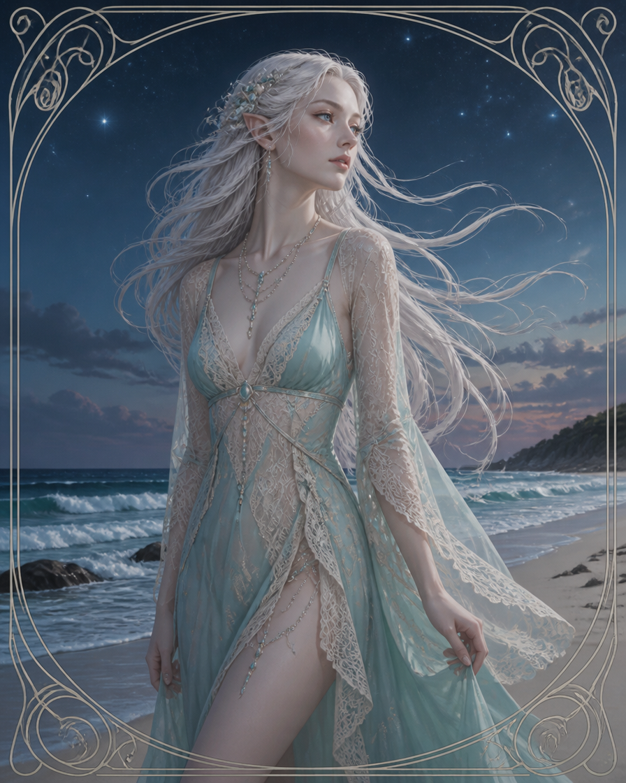 [Ethereal silver-haired elf woman in a seafoam lace gown stands on a starry twilight beach, framed by ornate art nouveau b...