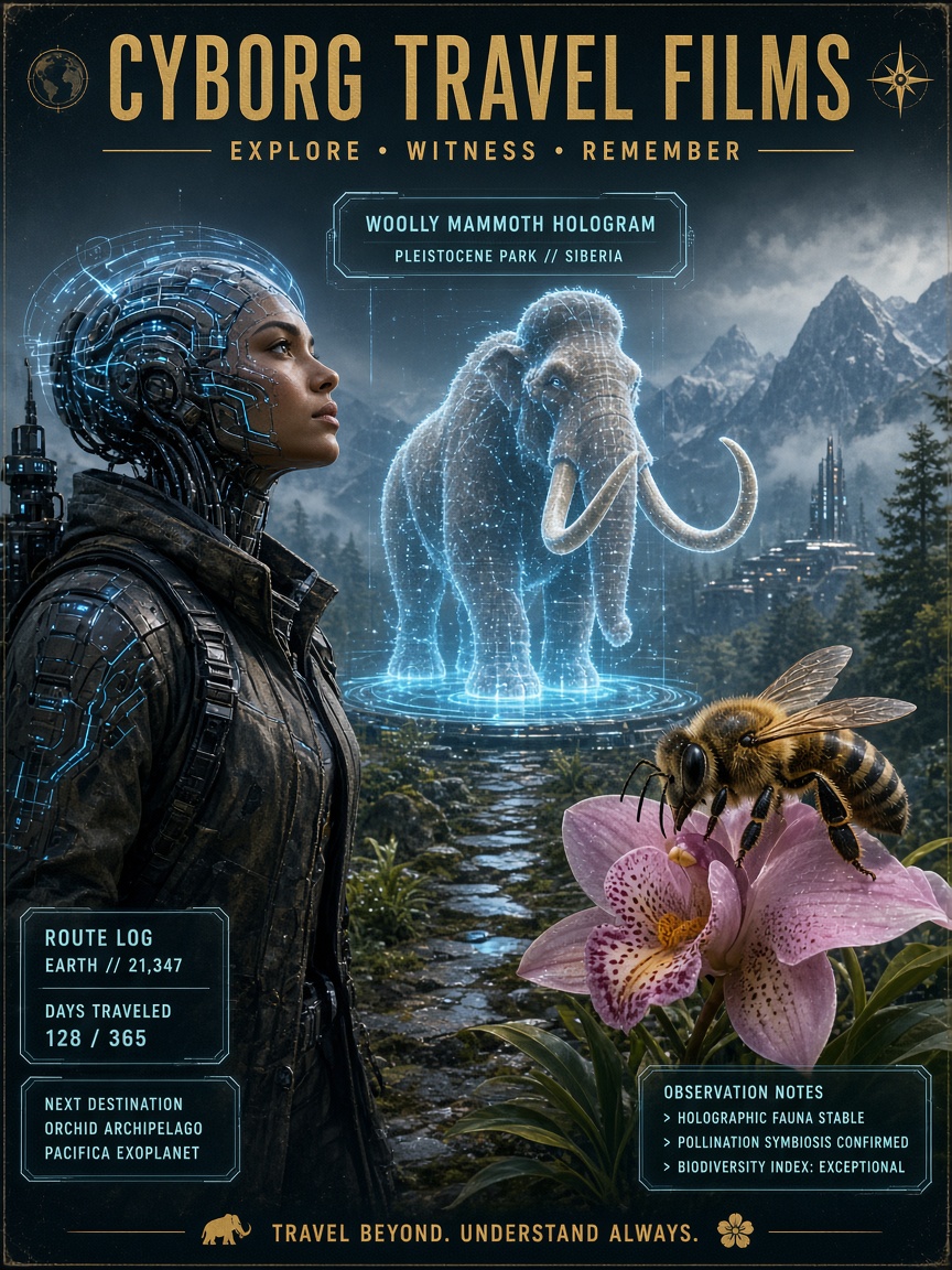 Futuristic Cyborg Travel Films poster featuring a cyborg traveler, woolly mammoth hologram, and bee resting on a pink orch...