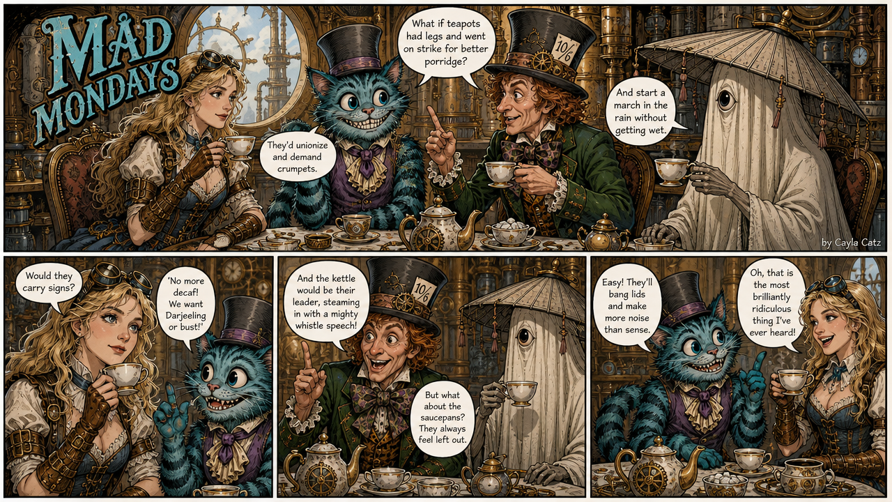 4-panel Mad Mondays steampunk Alice in Wonderland comic of absurd tea party banter with the Cheshire Cat, Mad Hatter, and ...