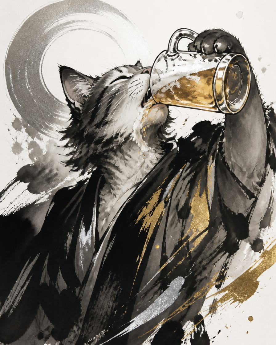 Sumi-e ink wash illustration of a tabby cat in a dark robe happily chugging beer from a glass mug, with a silver circular ...