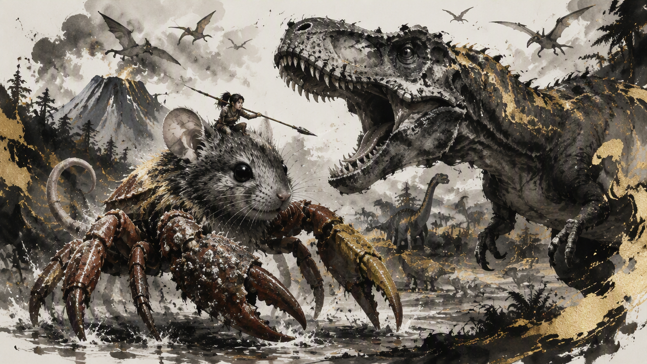 [Ink wash fantasy scene of warrior on giant rat-crab hybrid confronting roaring T-rex, prehistoric landscape with pterodac...