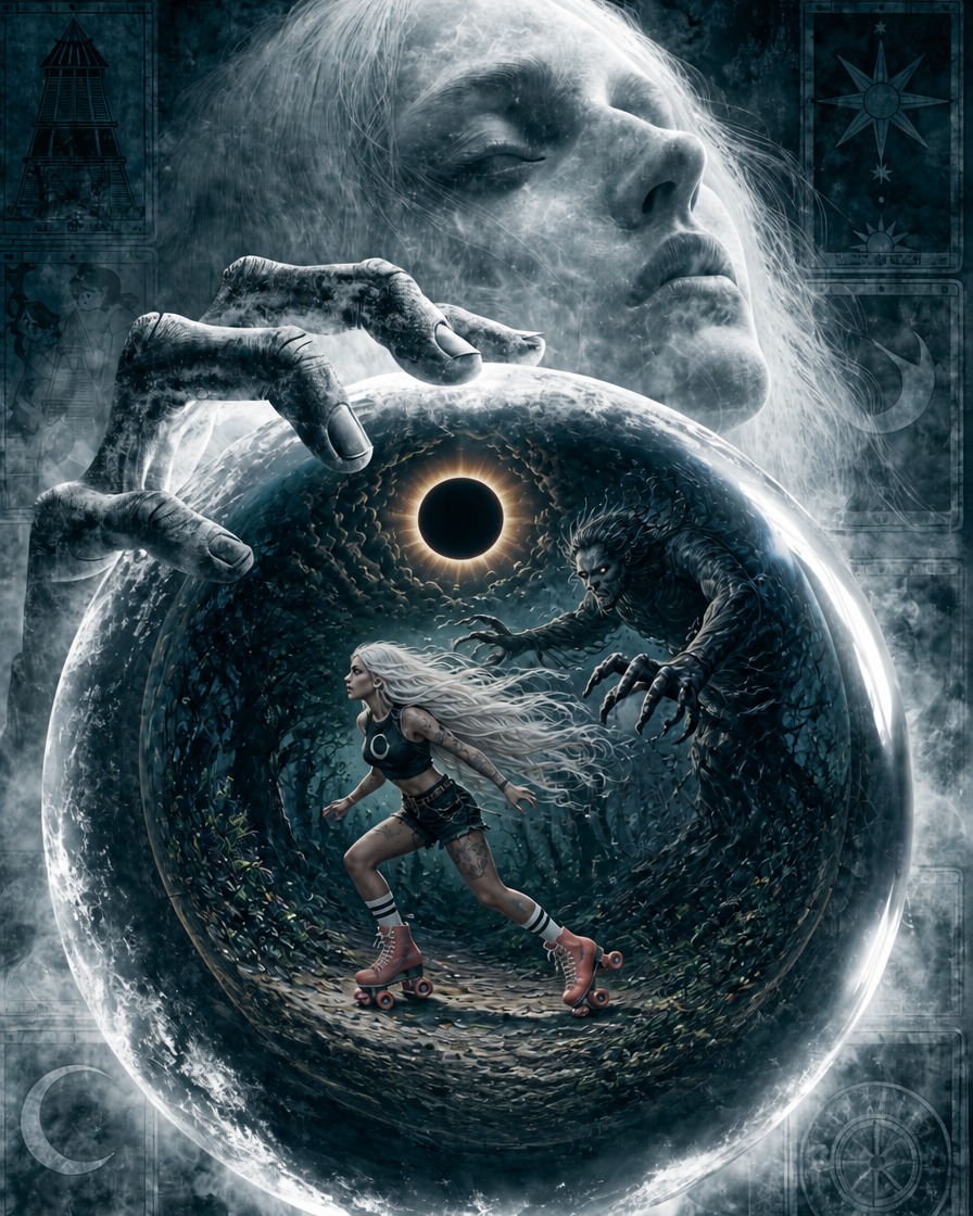 [Surreal dark fantasy art: giant spirit holds a crystal ball where a roller skating woman flees a monster under a solar ec...