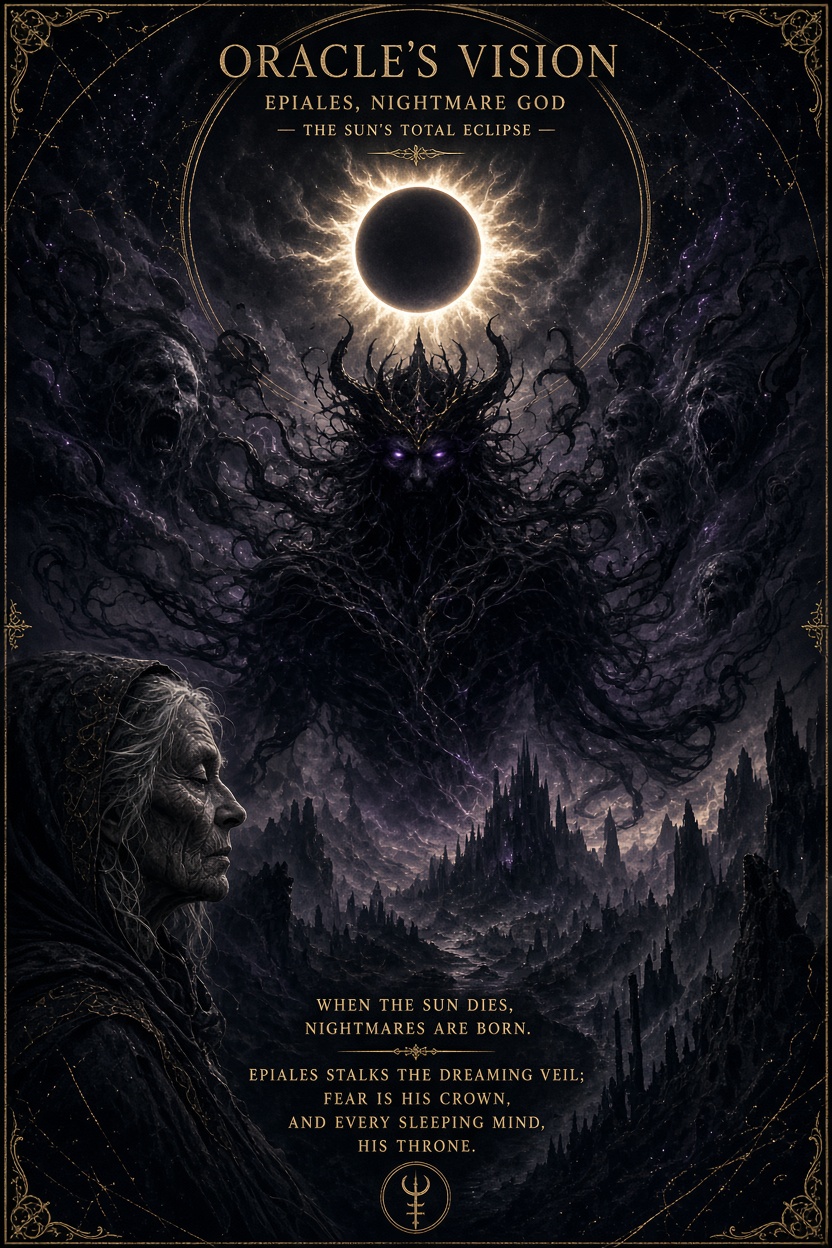 [Ornate dark fantasy "Oracle's Vision" poster showing nightmare god Epiales, an elder oracle, and a total solar eclipse ab...