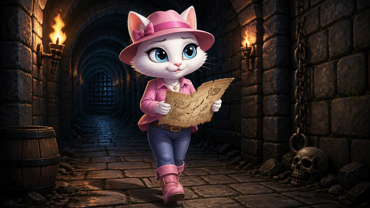 [Anthropomorphic white cat explorer in pink adventurer gear holds a treasure map while walking through a torch-lit stone d...