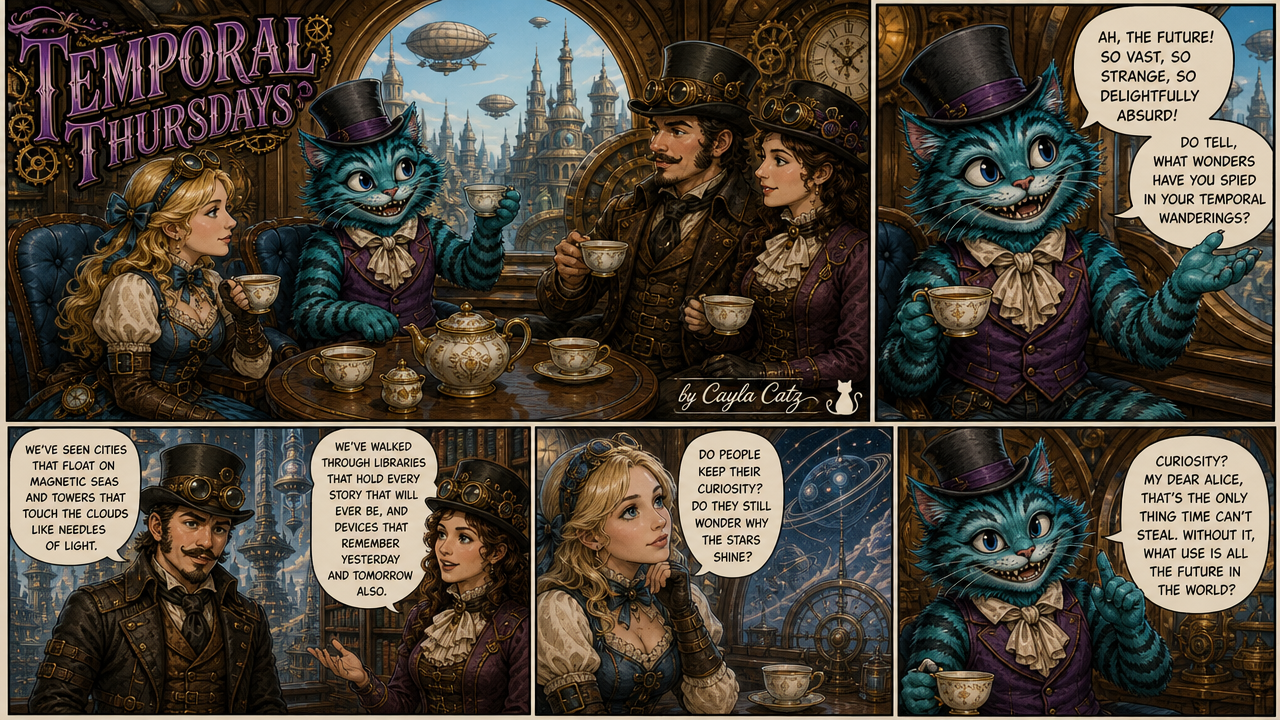 [5-panel "Temporal Thursdays" steampunk comic of a top-hatted Cheshire Cat, Alice, and Victorian characters having tea abo...