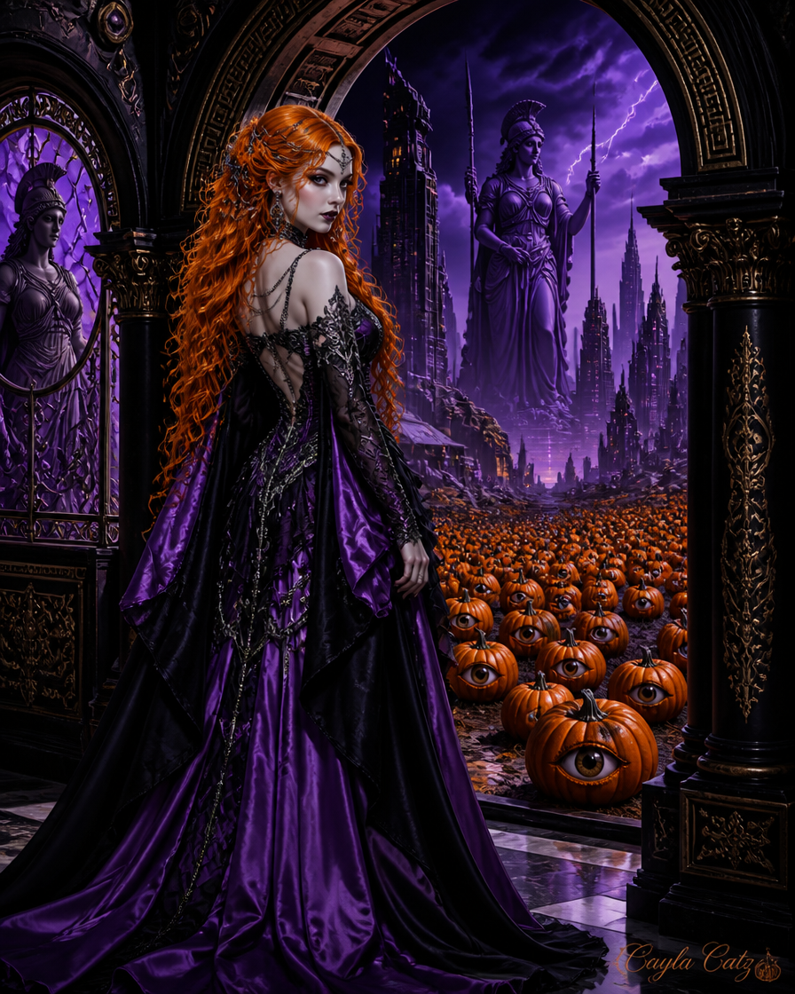 Gothic woman with long curly orange hair in an ornate purple gown stands before a surreal Halloween landscape of eye-pumpk...