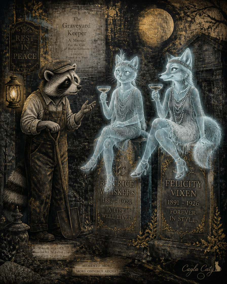 Anthropomorphic raccoon gravedigger talks to glowing 1920s flapper cat and fox ghosts perched on gravestones in a moonlit ...