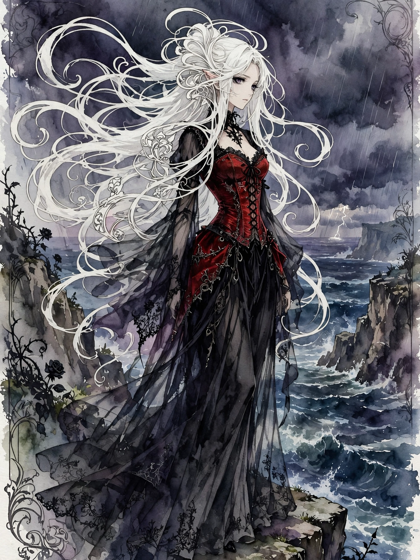 [Watercolor illustration of a gothic elf woman with swirling wind-swept white hair standing on a cliff overlooking a storm...