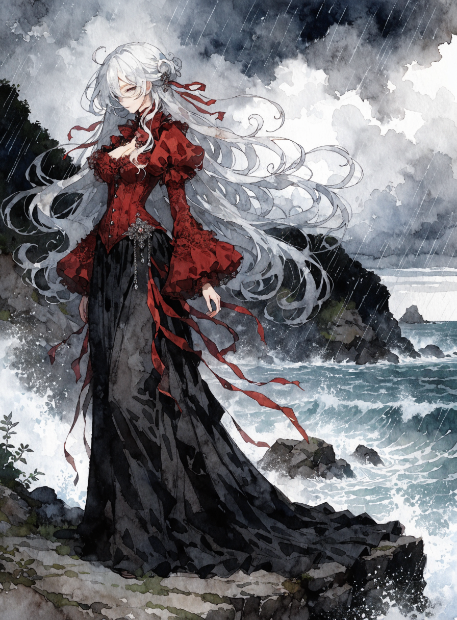 [Watercolor anime illustration of a pale woman with windswept white hair in a red and black gown standing on a stormy rain...