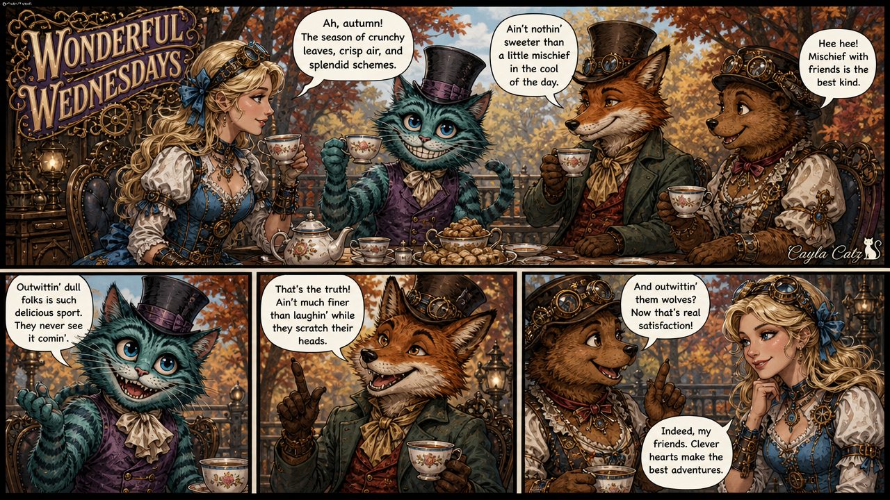 Steampunk Wonderful Wednesdays comic panel of fantasy characters enjoying a cozy outdoor autumn tea party together