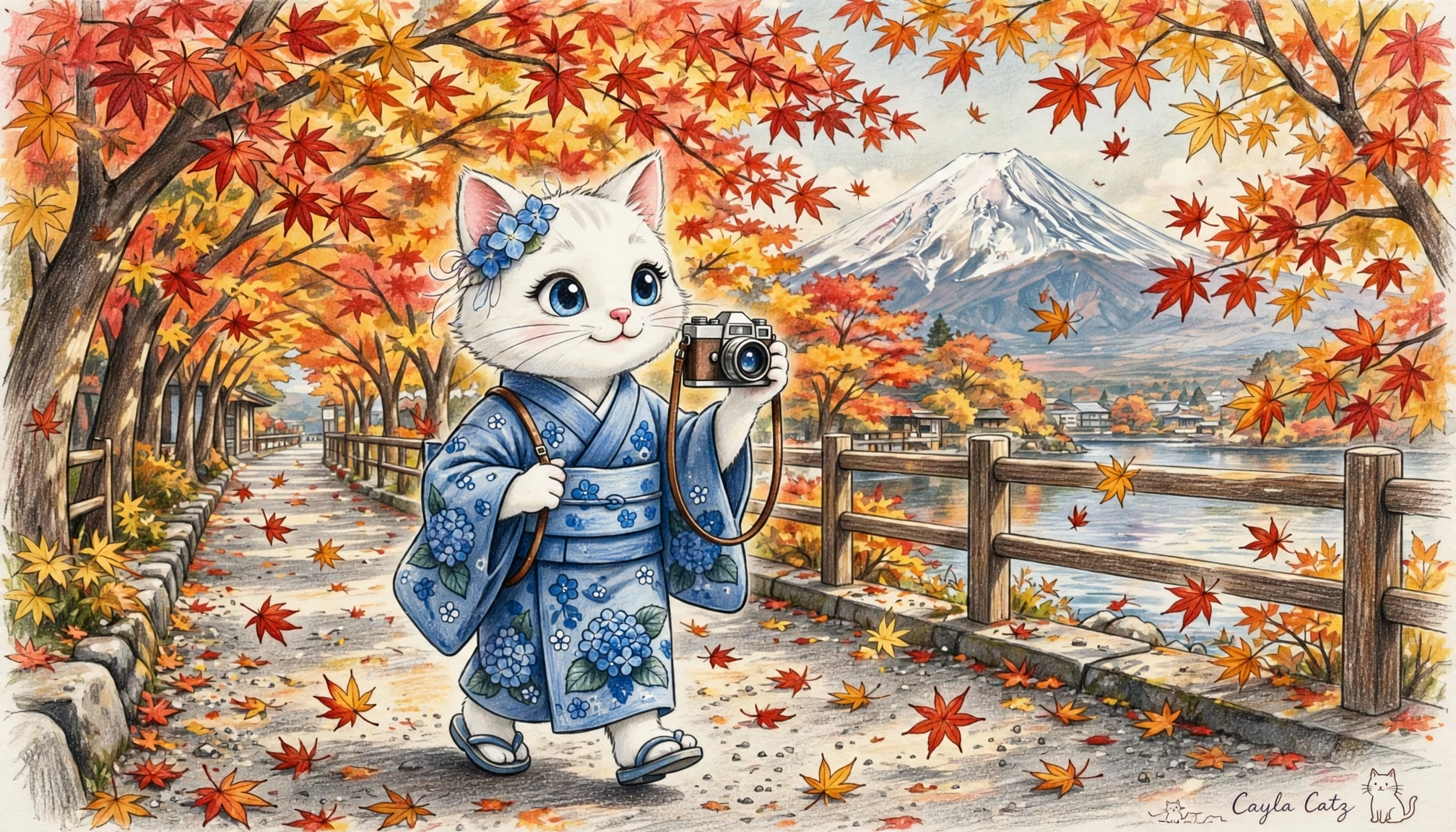 Anthropomorphic white cat in blue kimono holds vintage camera on autumn Japanese path with Mount Fuji backdrop
