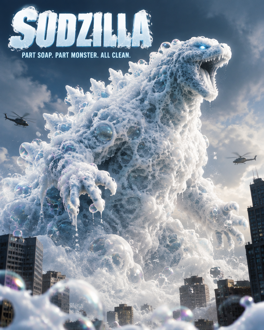 Sudzilla parody movie poster showing a giant soap foam monster towering over a city with circling helicopters.