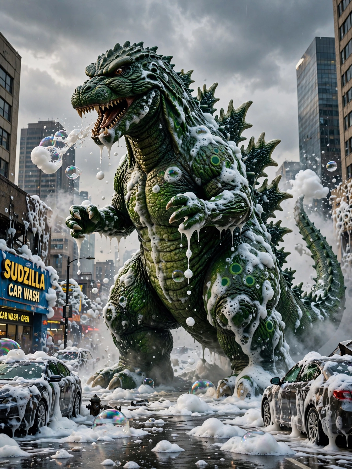 [Giant green Godzilla-like kaiju covered in soap suds stands in a foamy city street outside a punny Sudzilla Car Wash stor...