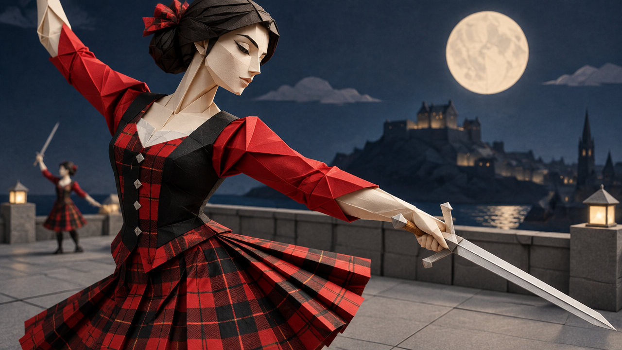 Origami woman in tartan dress performs sword dance on a moonlit castle rooftop