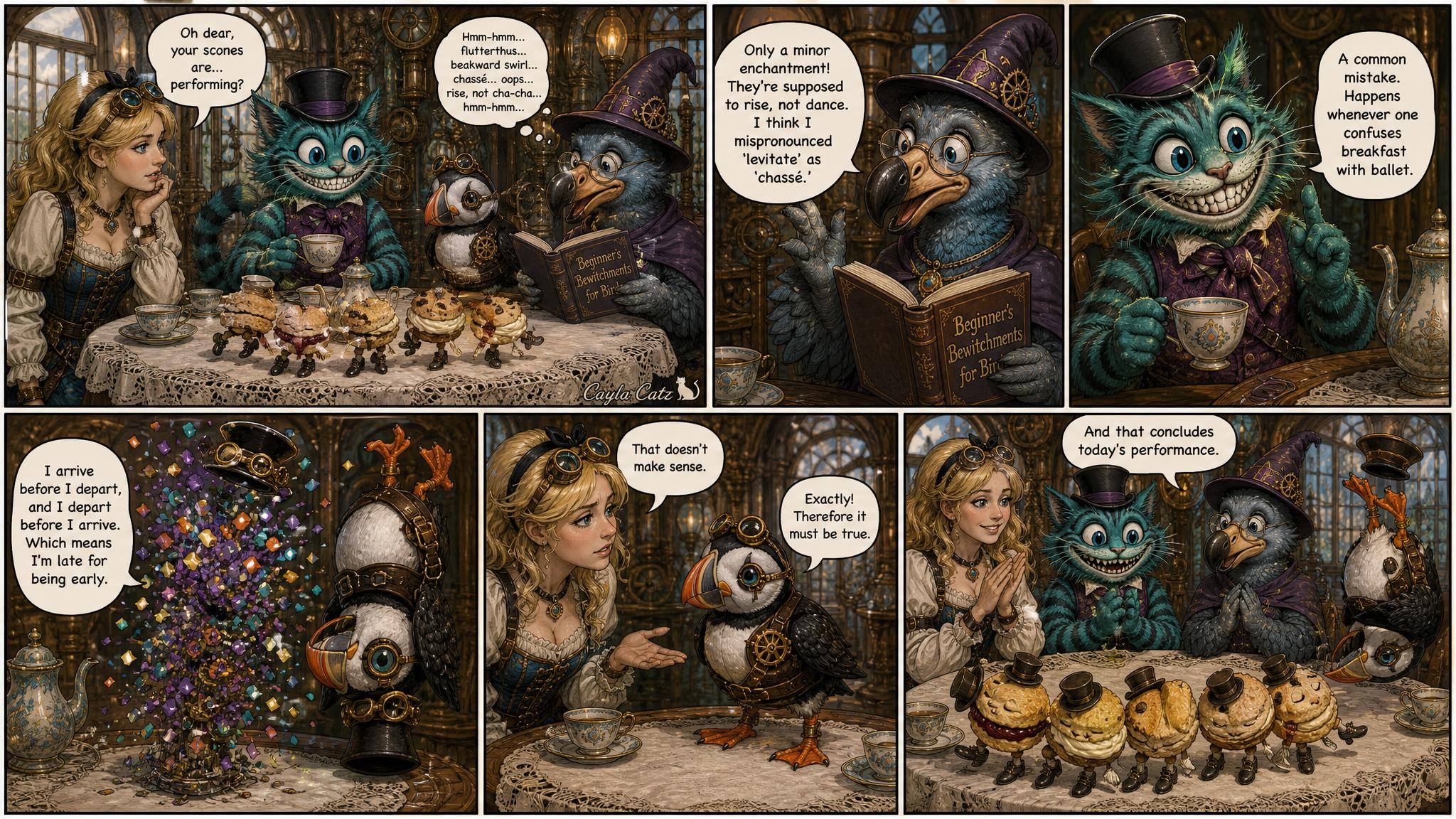 Steampunk Alice in Wonderland comic of a whimsical tea party with enchanted dancing sconces and absurd character banter