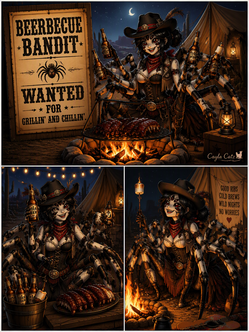 Three panel fantasy illustration of a western spider cowgirl grilling ribs and drinking beer at a desert campfire