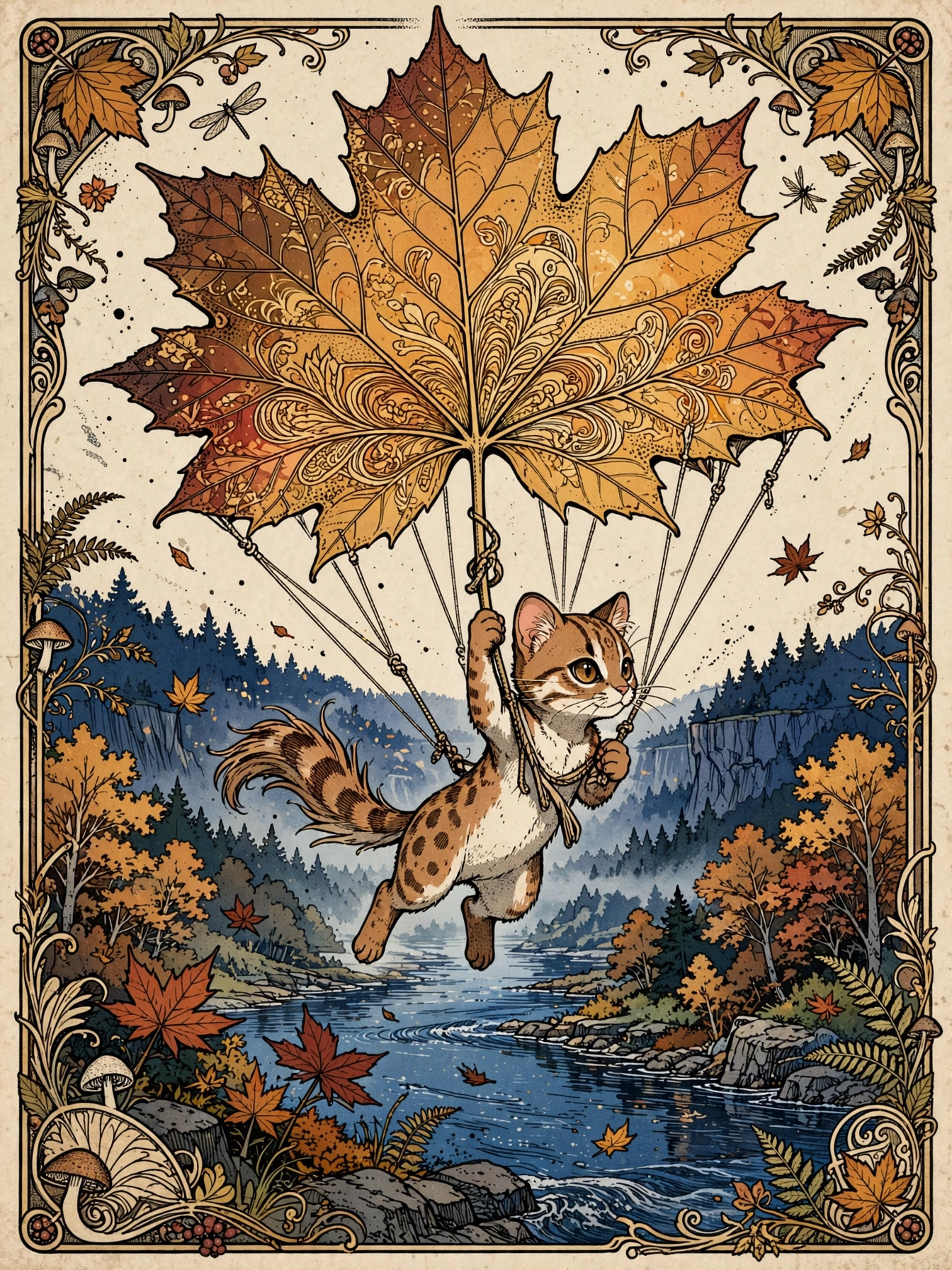 Cute spotted tabby cat glides with an ornate giant maple leaf parachute over an autumn river valley