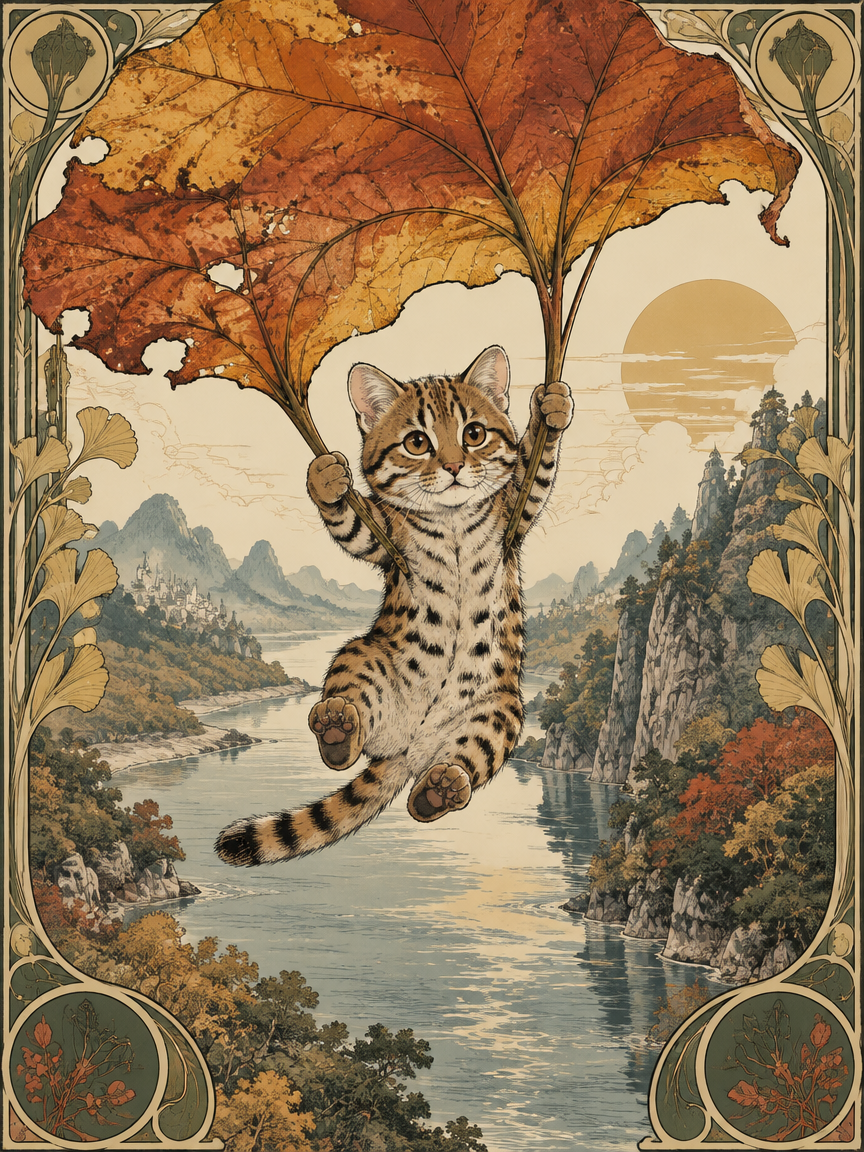 Spotted tabby cat floats holding a giant autumn leaf parachute over a scenic river valley in art nouveau style