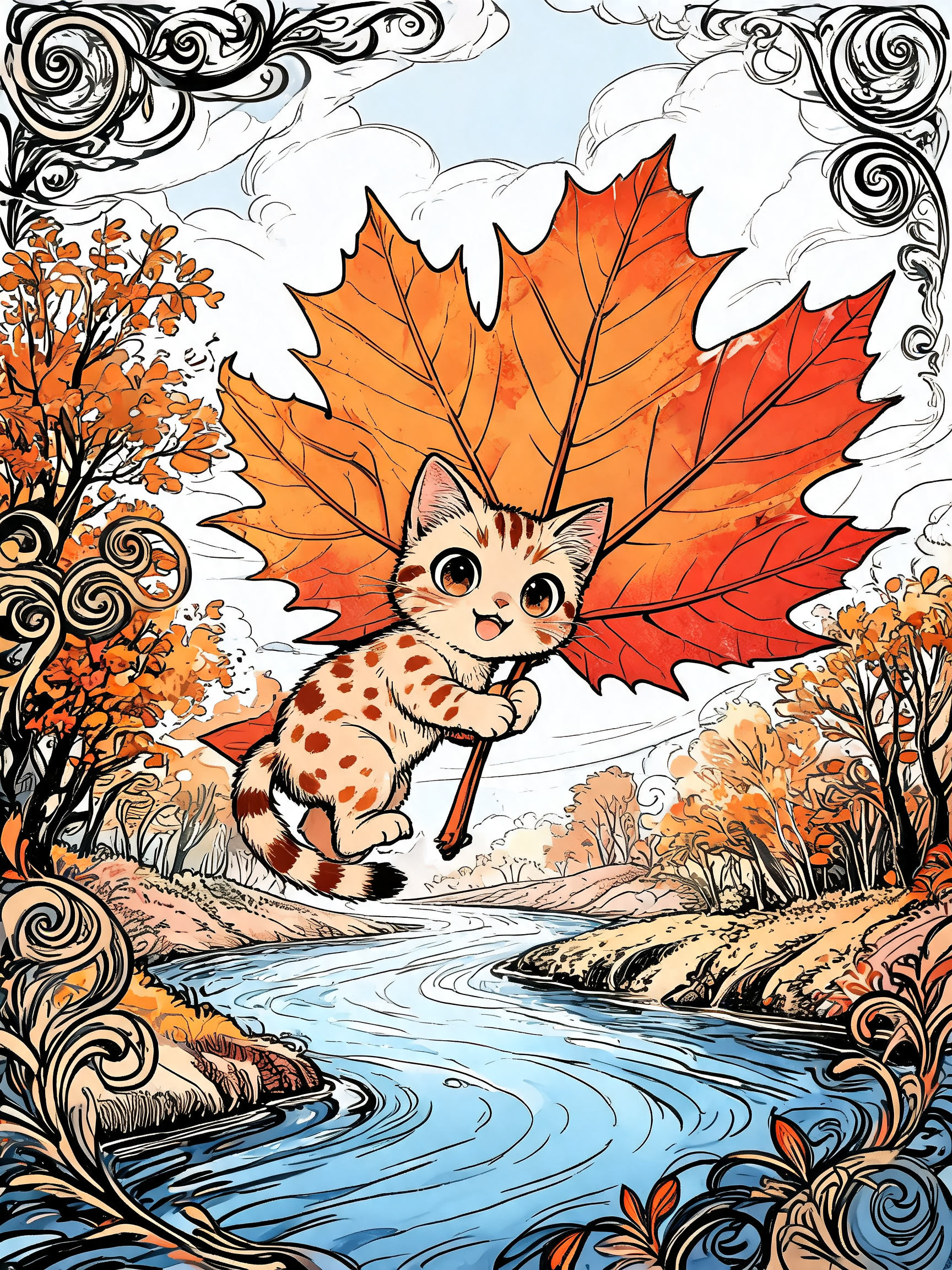 Wide-eyed spotted chibi kitten floats holding a giant maple leaf parasol over an autumn river