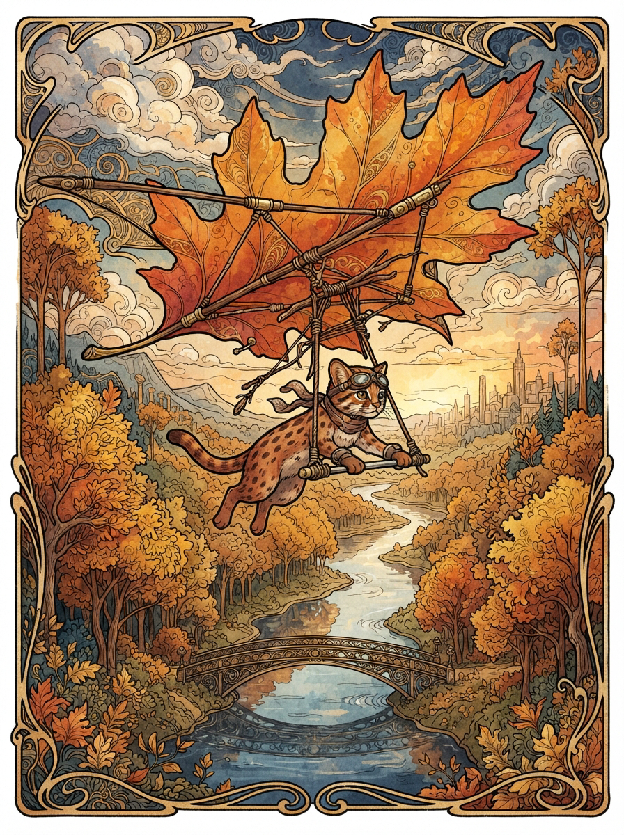 Spotted cat pilot wearing goggles flies a maple leaf glider over a scenic autumn valley in an art nouveau frame