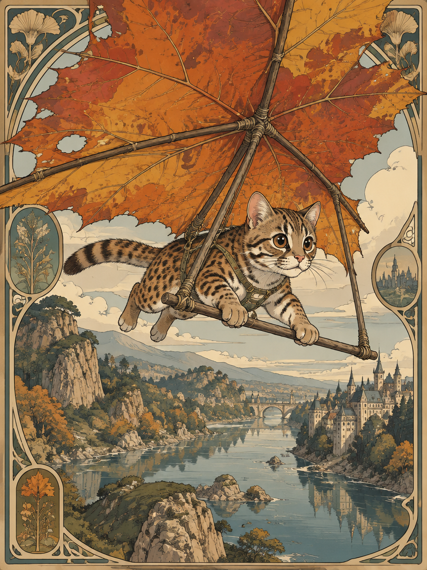 Leopard cat gliding on a giant autumn leaf hang glider over a fantasy river valley landscape