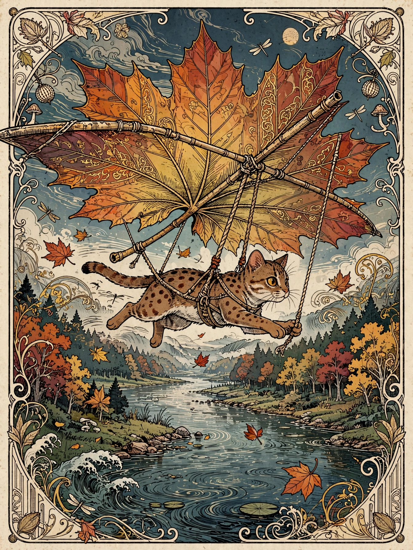 Spotted tabby cat glides using a giant maple leaf hang glider over an autumn river valley